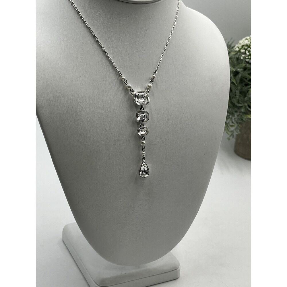 Givenchy Vintage Silver Tone Sparkling Rhinestone Faux Pearl Y Drop‎ Necklace - Picture 3 of 14